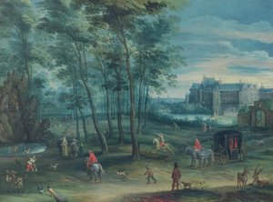 Het park van het onderkoninklijk paleis, Brussel, met elegant gezelschap bij een fontein